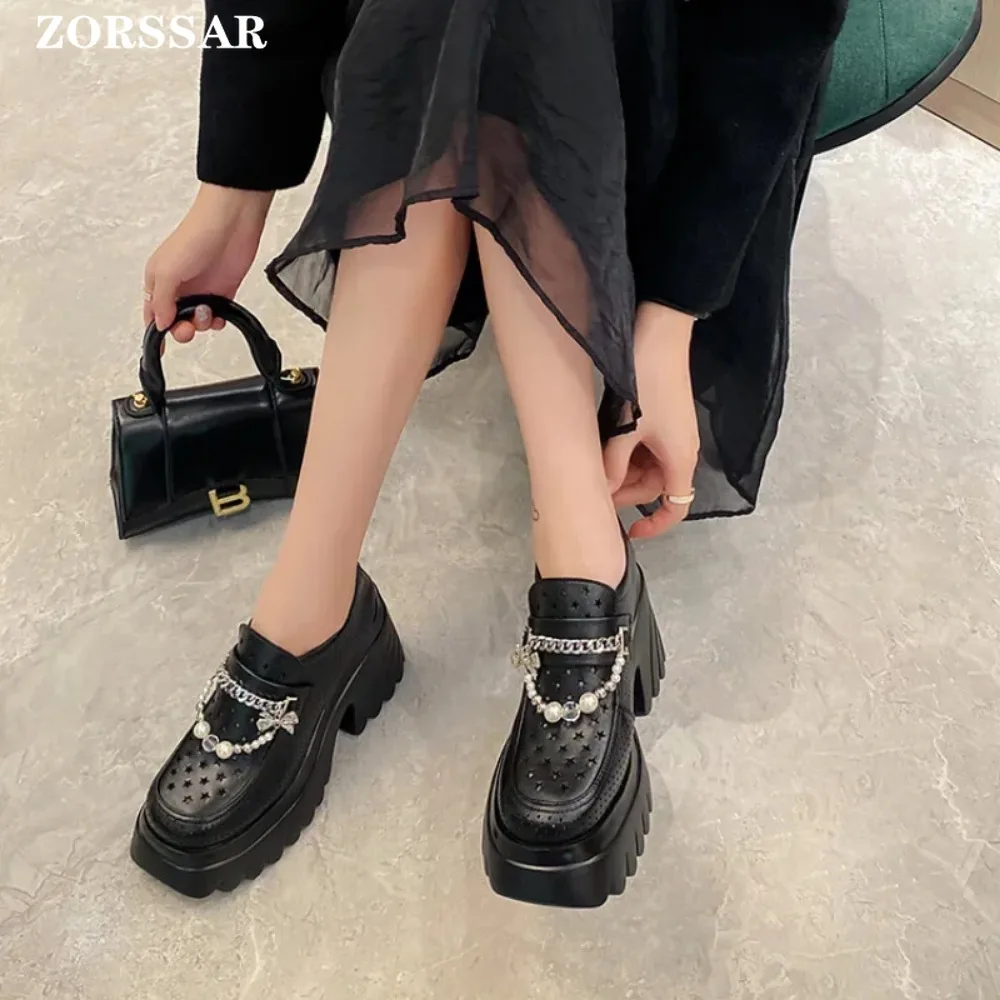 Różowe Żółte Chunky Platform Loafers Heel Cow Leather Slip On Casual Shoes Women Lady Office Shoes Japanese Lolita Black Heels