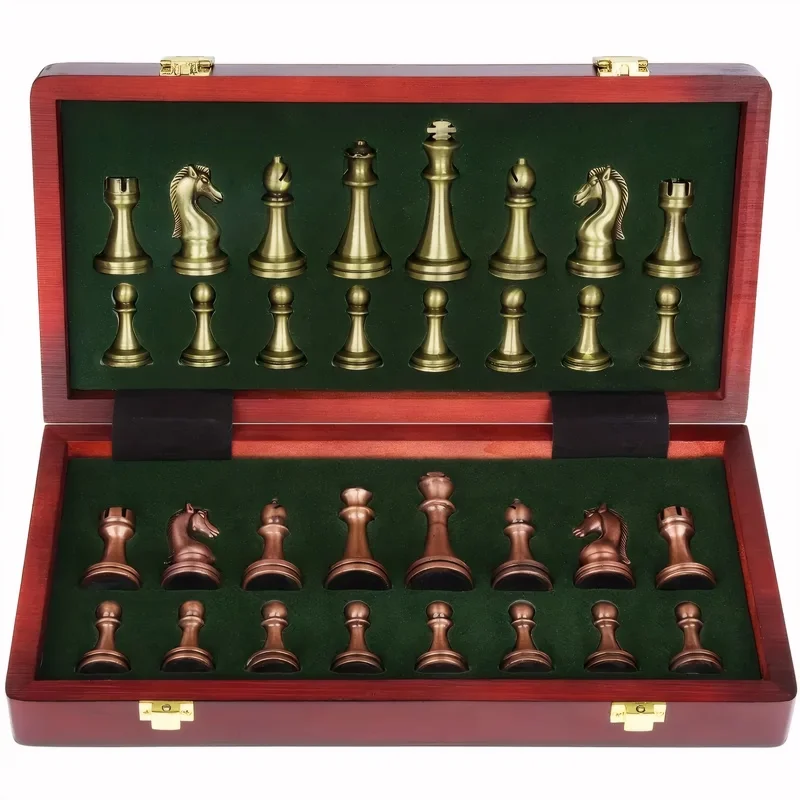 

High-quality chess 30cm/11.8inch bronze and red copper alloy pieces foldable solid wood box with weight Christmas holiday gift