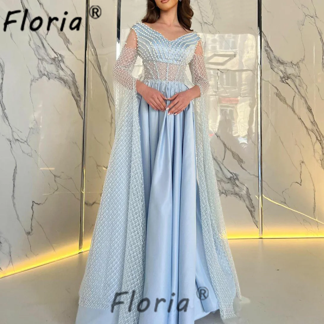 Luxury Beaded Light Blue Evening Dresses with Long Cape Sleeve Pearls A Line Satin Formal Occasion Dress Elegantes Robe de soire