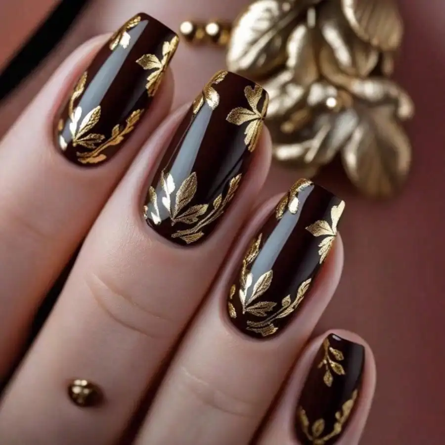 

24Pcs Fall Winter Maillard Ballet Nails, Dark Brown Gold Foil, Reusable With Jelly Glue, Daily Party, Free Shipping