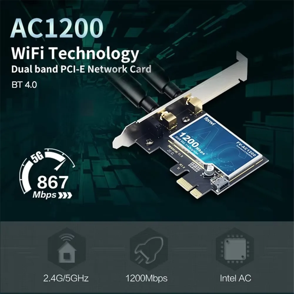 AC1200 1200Mbps PCIE WiFi Adapter Dual Band 2.4G 5GHz 802.11AC Wireless Network Card With Bluetooth 4.0 For PC Windows 7 10 11
