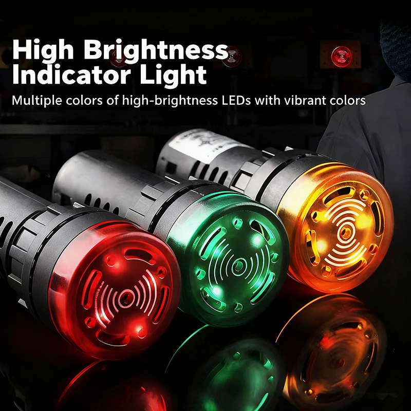 22mm 16mm Industrial LED Indicator Light with Active Buzzer Alarm 12-220V AC 3 Color Red Green Yellow Flashing Warning Light