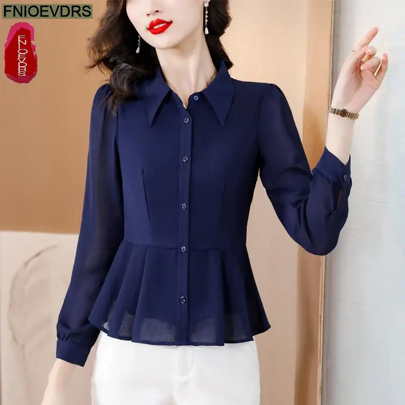 Office Lady Shirts 2023 Fall Autumn Basic Wear Work Women French Design Long Sleeve Button Shirt Ruffles Peplum Tops Blouses