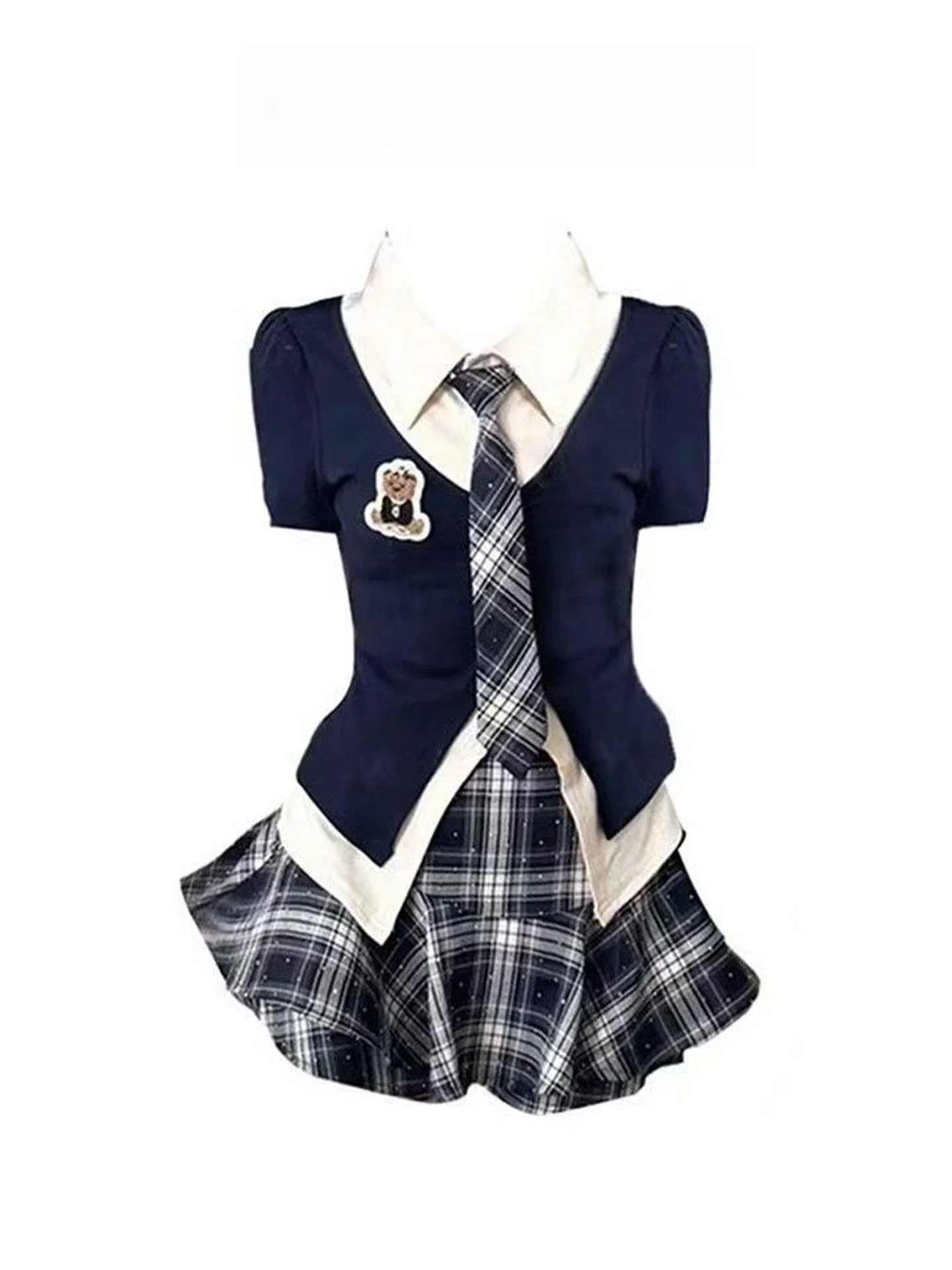 

Новый летний комплект Sle College Wind JK, женский комплект из двух предметов в клетку с искусственной юбкой в американском стиле для девочек, комплект из двух предметов ort Sve Pol...