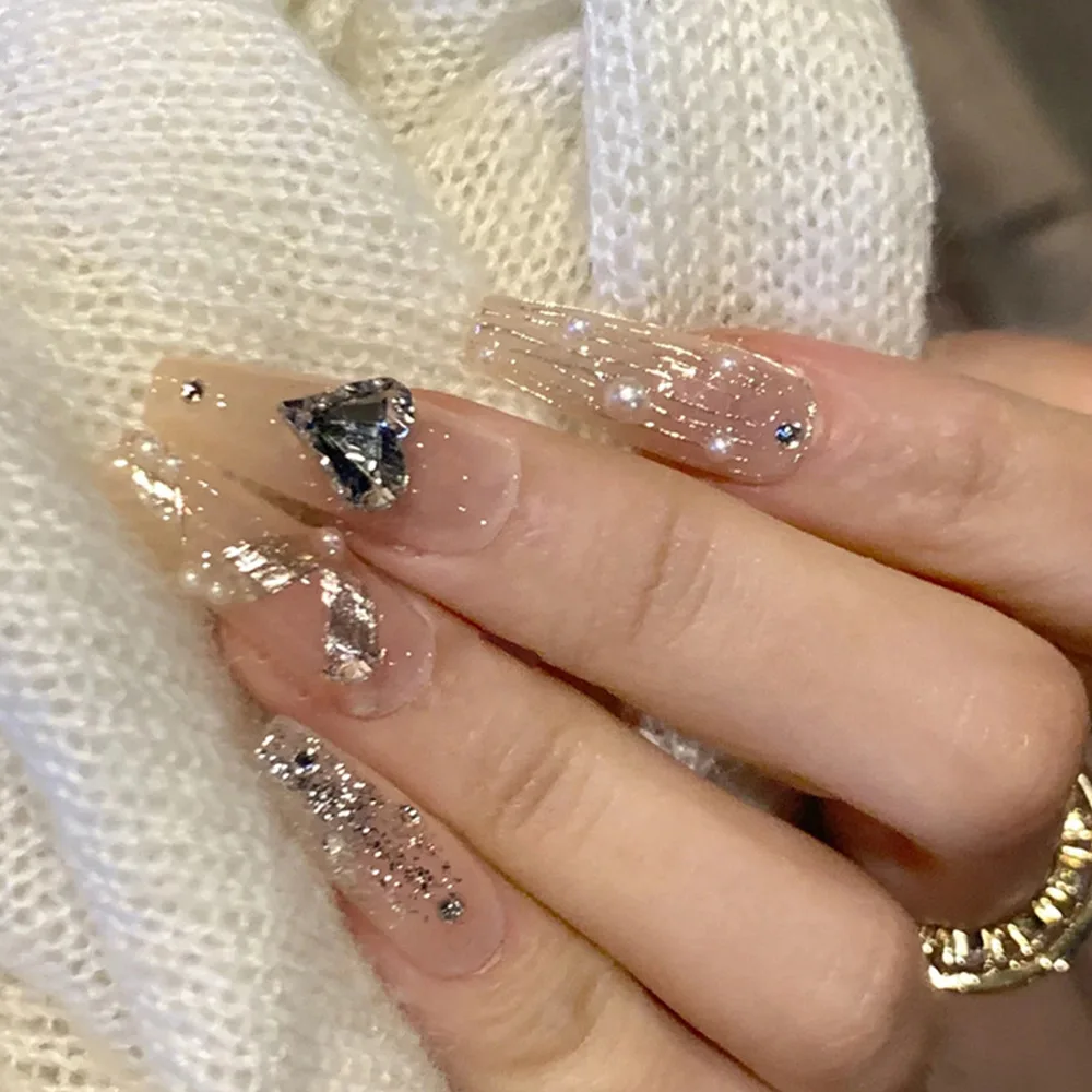 Mittellange künstliche Nagelspitzen mit 3D-Herz-Blumen-Design, Farbverlauf Lila-Rot, französische quadratische Ballett-Spitzen, Press-On-Set für künstliche Nagelkunst – Detail 11