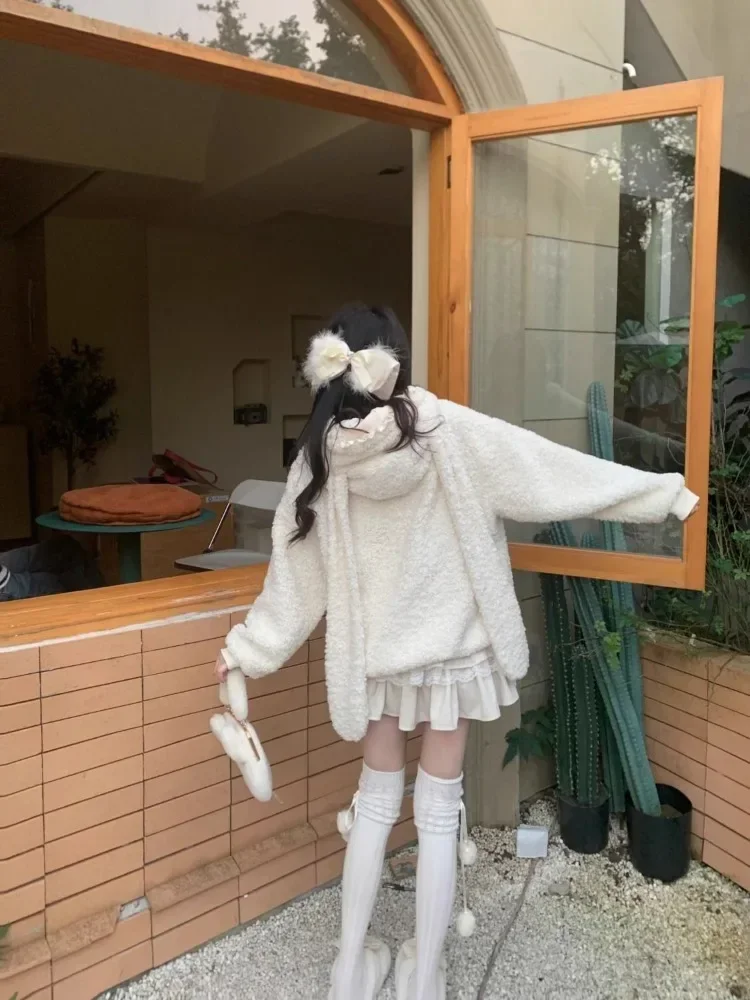 Deeptown Kawaii Tavşan Hoodies Kadınlar Tatlı Japon Cutecore Kuzu Yünü Kazaklar Sıcak Kış Polar Tişörtü Gevşek Yumuşak Kız