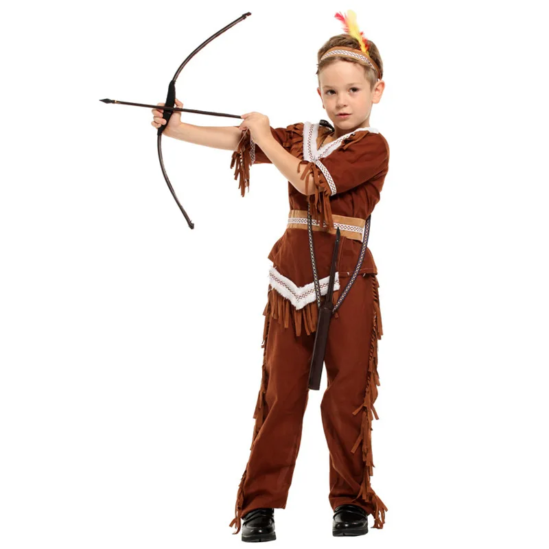 

Детский индийский костюм Sinomdy для мальчиков и девочек, наряд на Хэллоуин, индийская принцесса-охотница, детский коричневый индийский костюм с бахромой для мальчиков и девочек