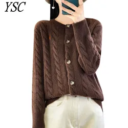 Winter Women Knitted Cashmere Cardigan Fashion Sweater Round Neck Single breasted Twisted pattern High-quality Loose fitting Top