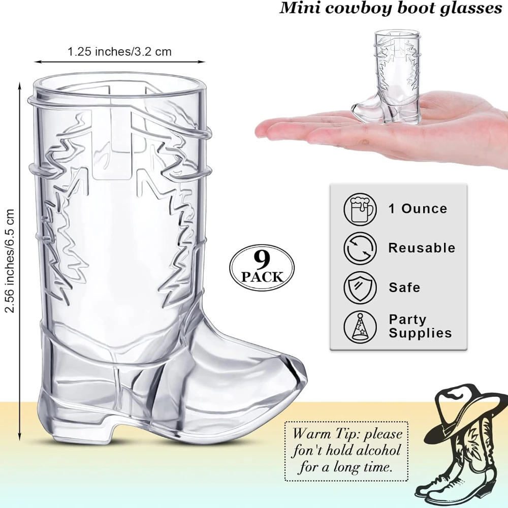 9 Uds. Vasos de vaquero de 1 Oz, Mini tiro de bota de vaquero, copa para adultos y niños, vasos de plástico para botas de vaquero occidental reutilizables para fiesta de vaquera