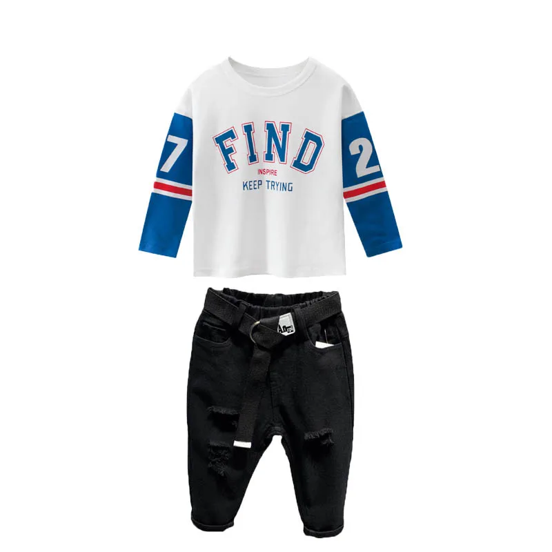 

Boys 3Pieces/Set Fashion Cotton T Shirt+Jeans Pants+Belt Clothing Set Kids Cool Street Style Tracksuit Children Birthday Dress