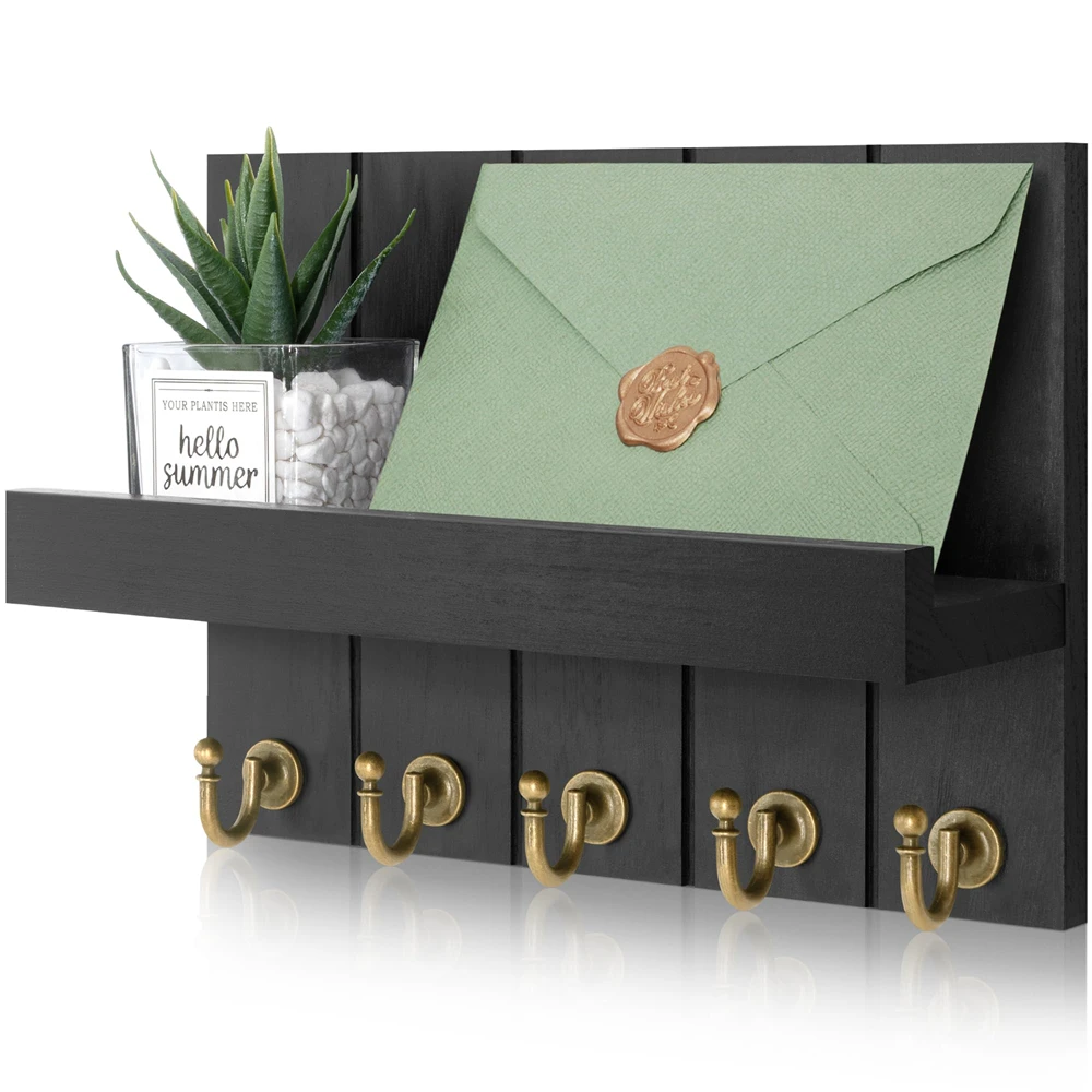 Wall Mounted Mail Holder Wooden Key Holder Rack Mail Organizer with 5Key Hooks  Rustic Home Decor for Entryway or Mudroom