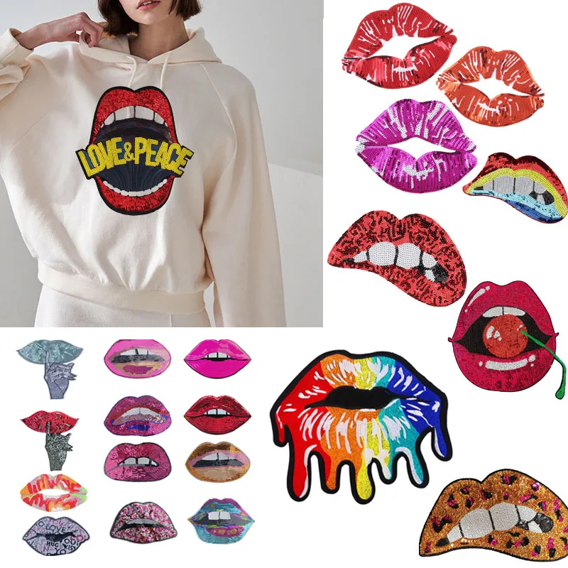 Large Sequins Sexy Lips Iron on Patches Applications Sewing Clothes Diy Sticker Tshirt Accessories Pink Sexy Single Party Decor