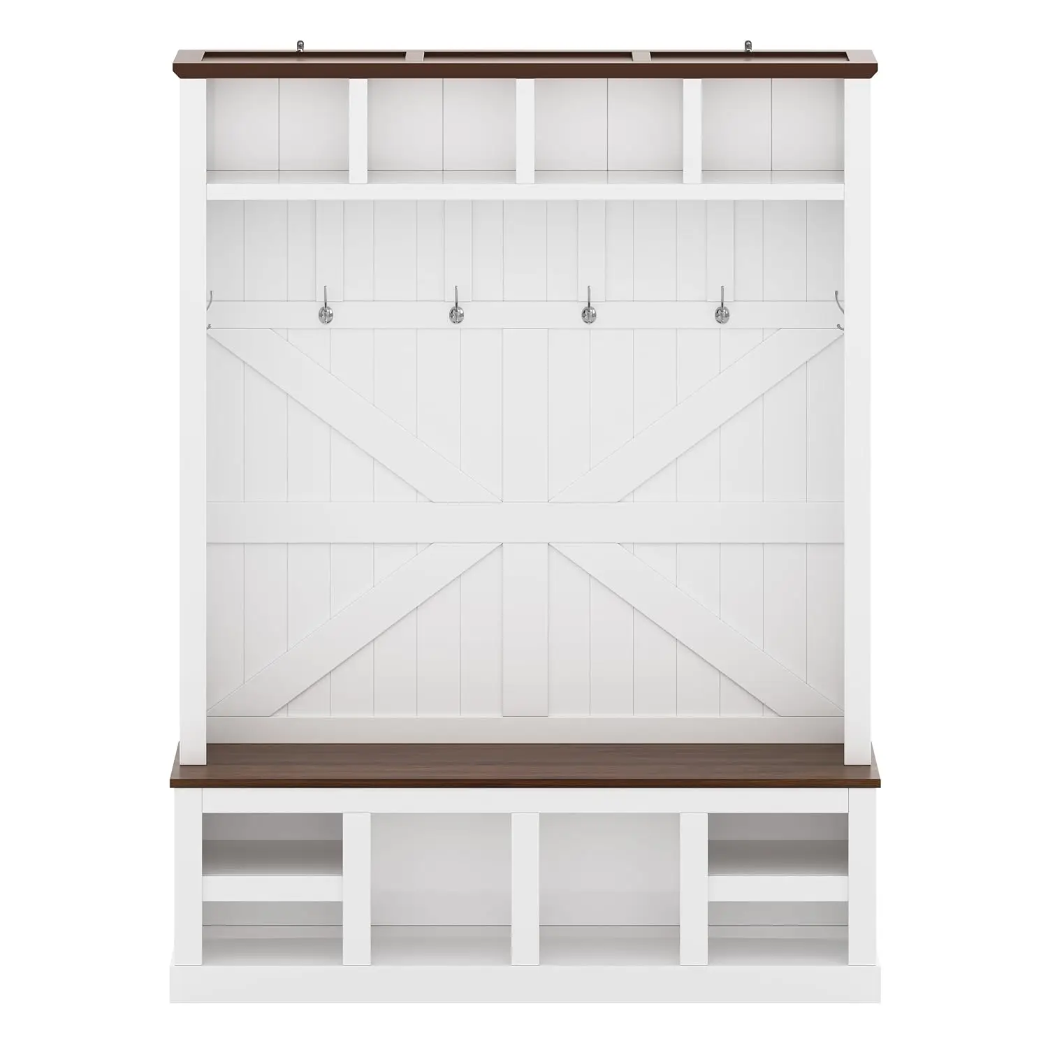 Farmhouse Hall Tree with Bench and Shoe Storage, All-in-One Entryway Coat Rack with 6 Hooks, 4 Open Cubbies & Shoe, Customized