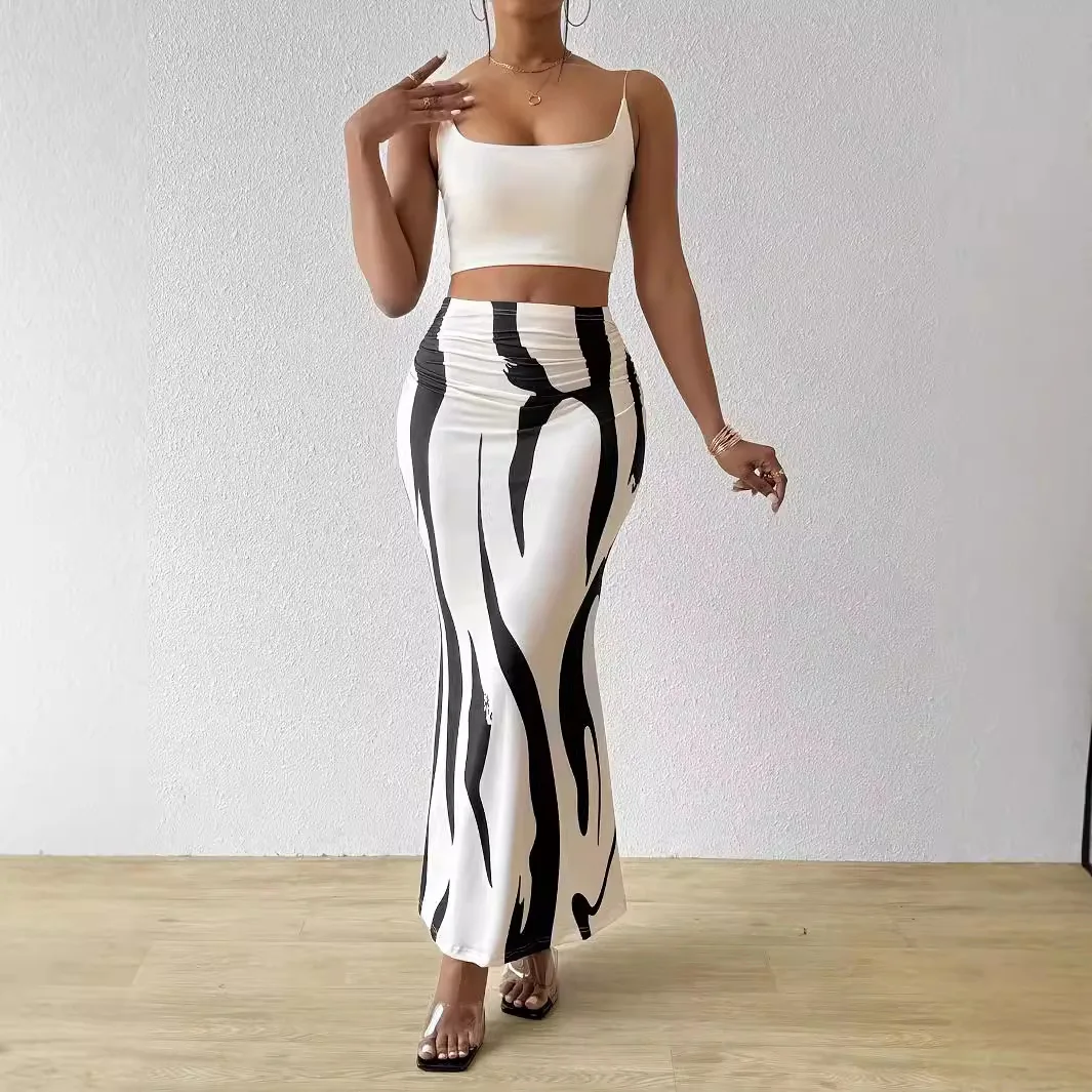 Dressy Casual Graphic Zebra Print Pleated Long Skirts Women Autumn Fashion Elastic High Waist Geometry Midi Skirt Streetwear