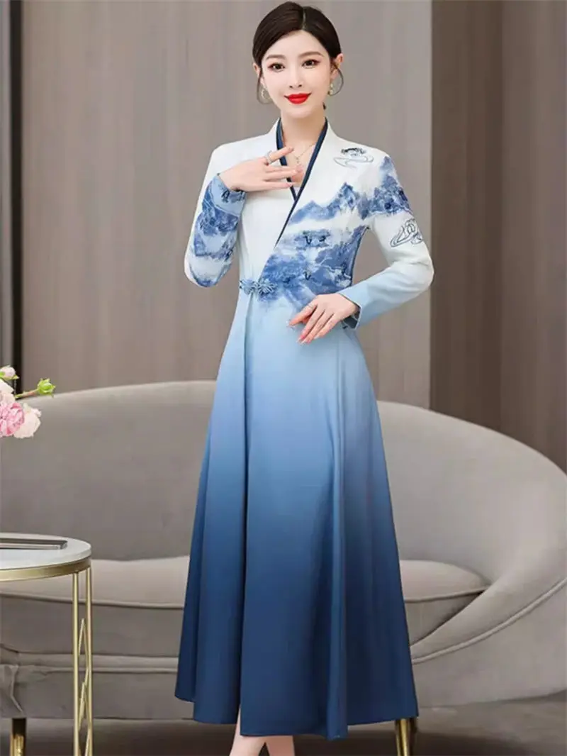 

Retro Printed Qipao Dress Women's Wear Chinese Style 2023 Autumn Long Sleeve Vintage Hanfu Improved Version Elegant Dress Z3855