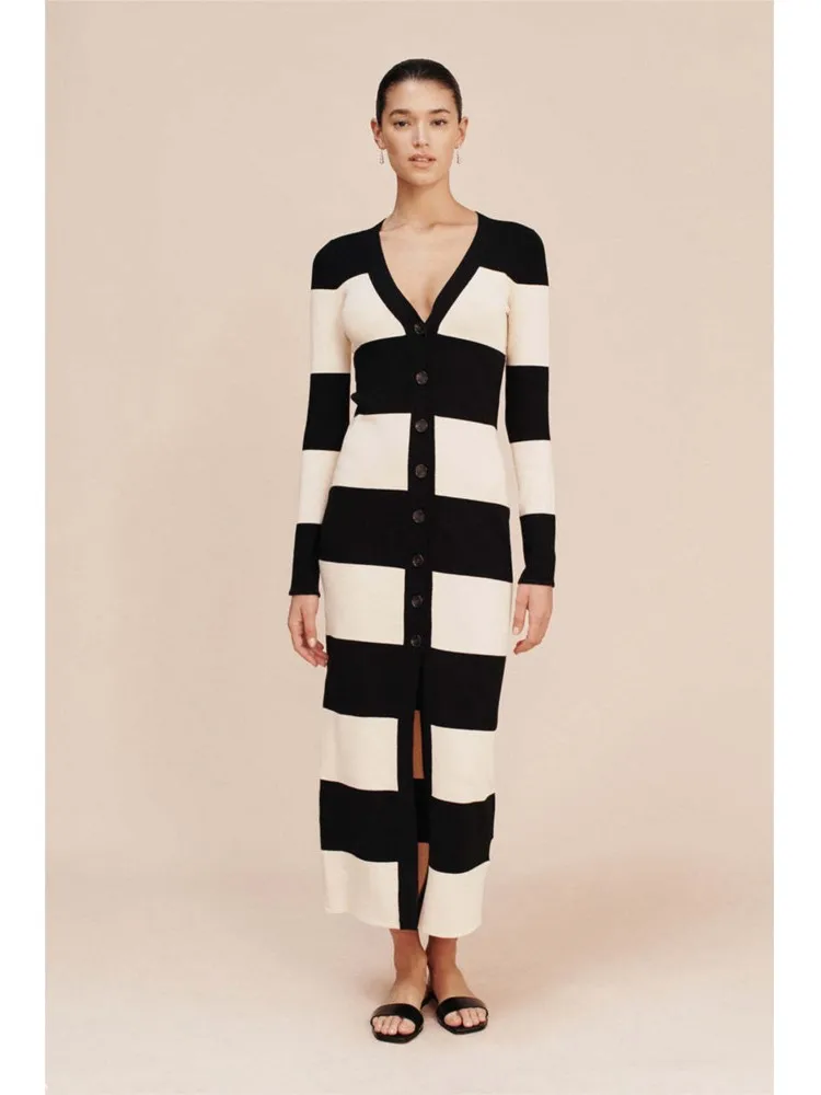 

Contrast Dress Dresses 2025 Woman Vestidos Striped Slim V-link All-match Simple Style Long Sleeves Casual Temperament Commuting