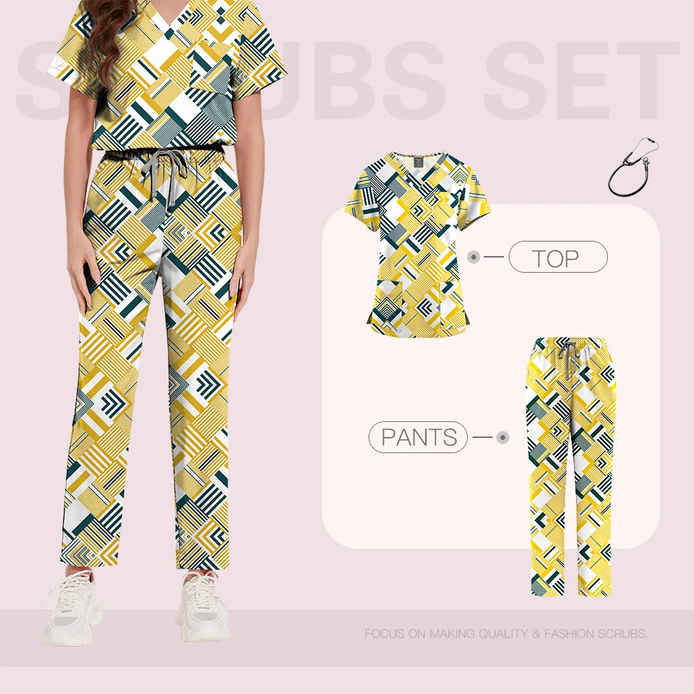 작업복 신축성 있는 브이넥 반팔 스크럽 세트 최신 수술복 통기성 유니섹스 프린트 실험실 치과 클리닉 약국