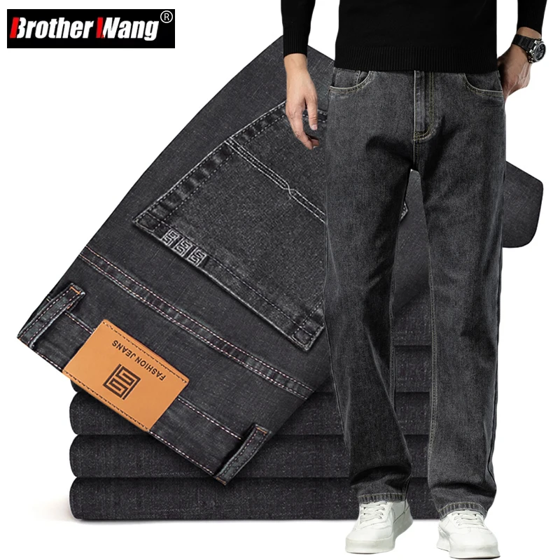 Plus Size 40 42 44 New Autumn Men's Smoke Grey Straight-leg Jeans Business Casual Cotton Stretch Denim Pants Male Brand