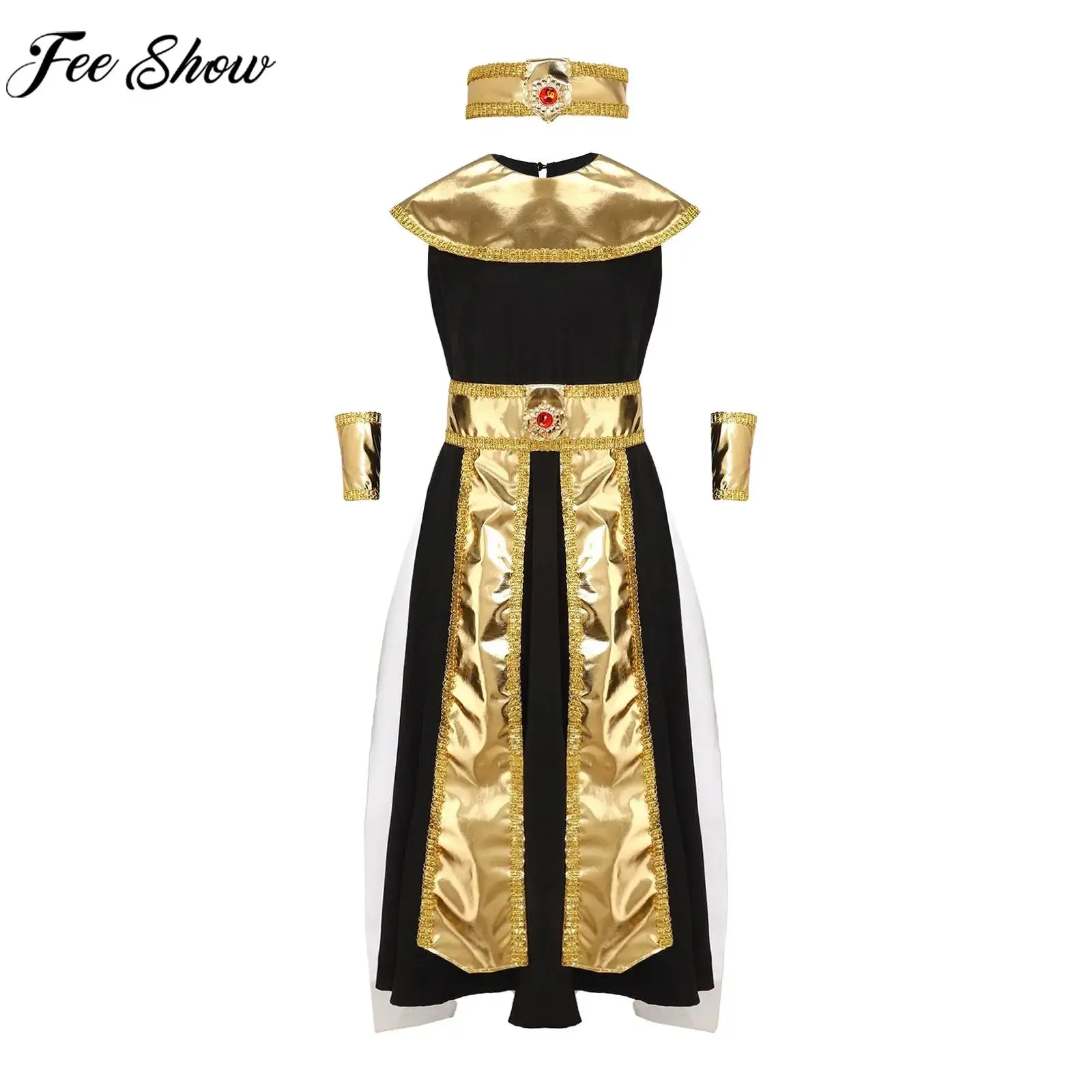 أزياء الهالوين للأطفال البنات في مصر القديمة كليوباترا التأثيرية فستان الملكة المصرية الملكية مع ياقة وأكمام للذراع وعصابة رأس