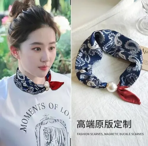 Imagen 2 del producto Collar de perlas Hebilla magnética Bufanda de seda perezosa Colgante de mujer Bufanda Cadena de clavícula Bufanda de seda