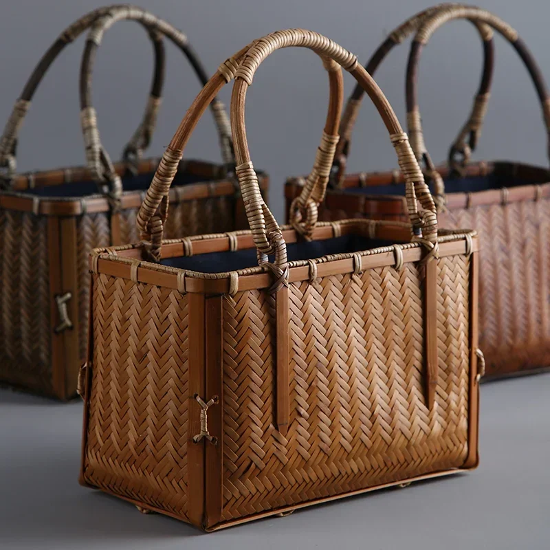 

Vintage Square Hand Basket Handmade Bamboo Weaving Organizer Box Bundle Design Storage Baskets Japanese Tea Set Storage Bags