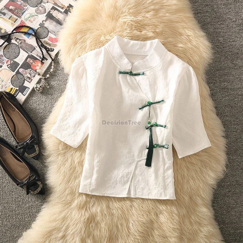 2025 summer new chinese style retro cheongsam button jacquard short sleeve stand collar female casual loose daily qipao top w367