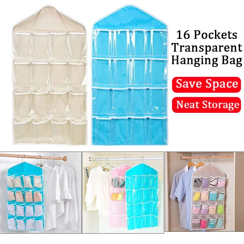 1PC 16 Grid Wall-mounted Clothes Organizer Fabric Closet Bag  Rack Mesh Pocket Clear Hanging Over The Wardrobe