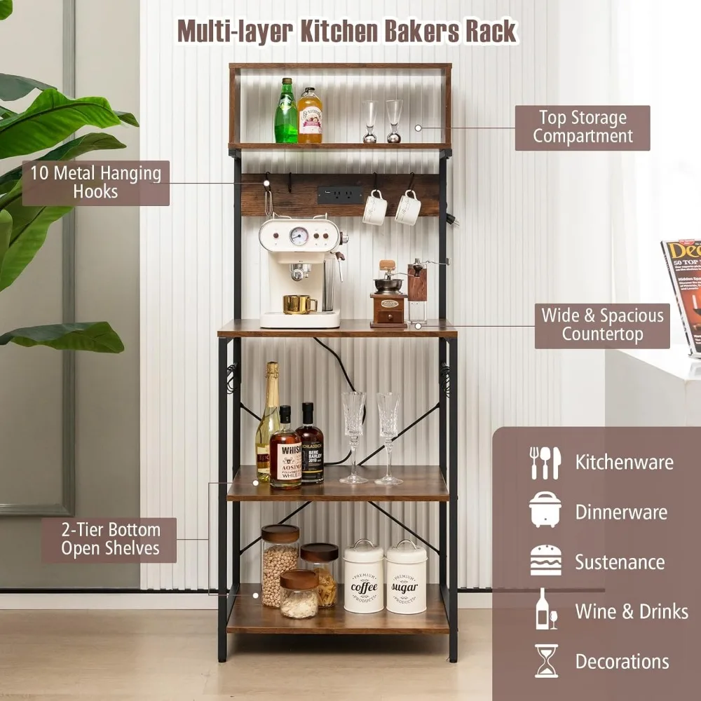 حامل ميكروويف للمطبخ مع مخرج طاقة و10 خطافات على شكل حرف S، ورف تخزين طويل القامة، وبار القهوة #4