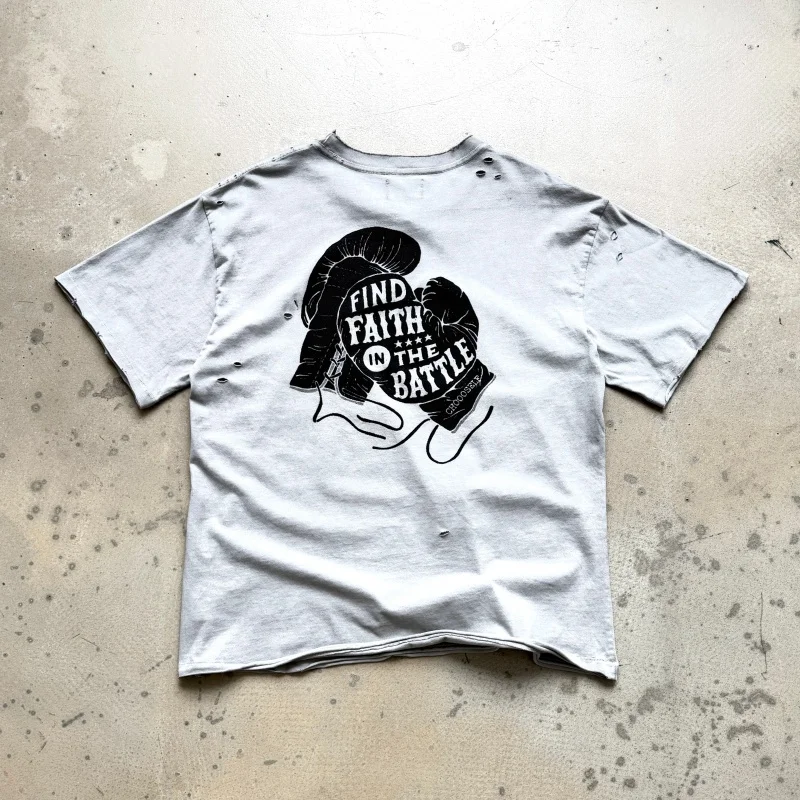 26SS Streetwear Retro Distressed High-Quality Crew Neck T-Shirt Comic Print Summer Men's Women's Cotton Short-Sleeve T-Shirt