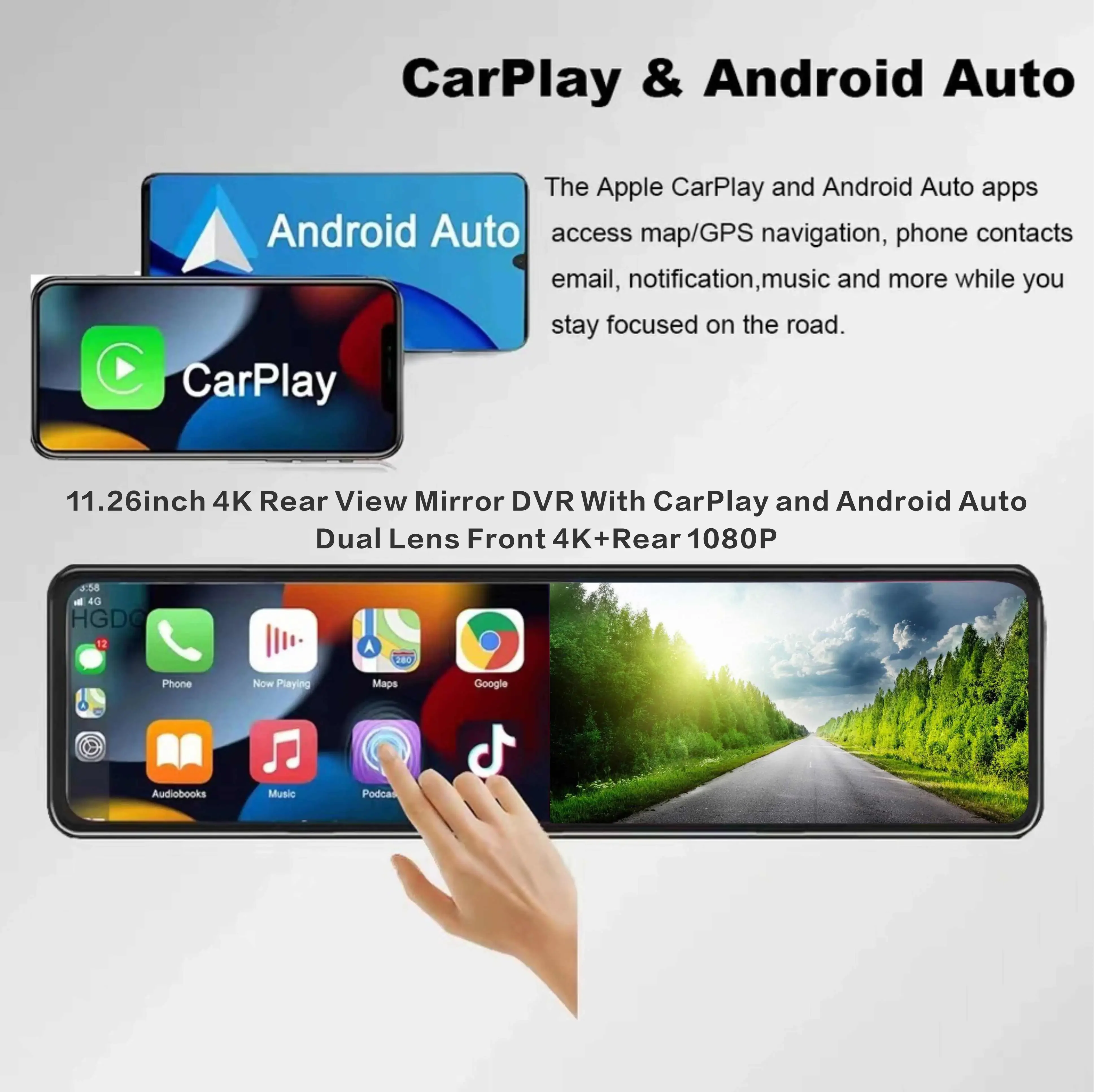 11.26 Inch Car Dvr Rearview Mirror Carplay & Android Auto 4k Wifi Dash Cam  Car Dvr 2 Cameras 2 Channels Car Black Box