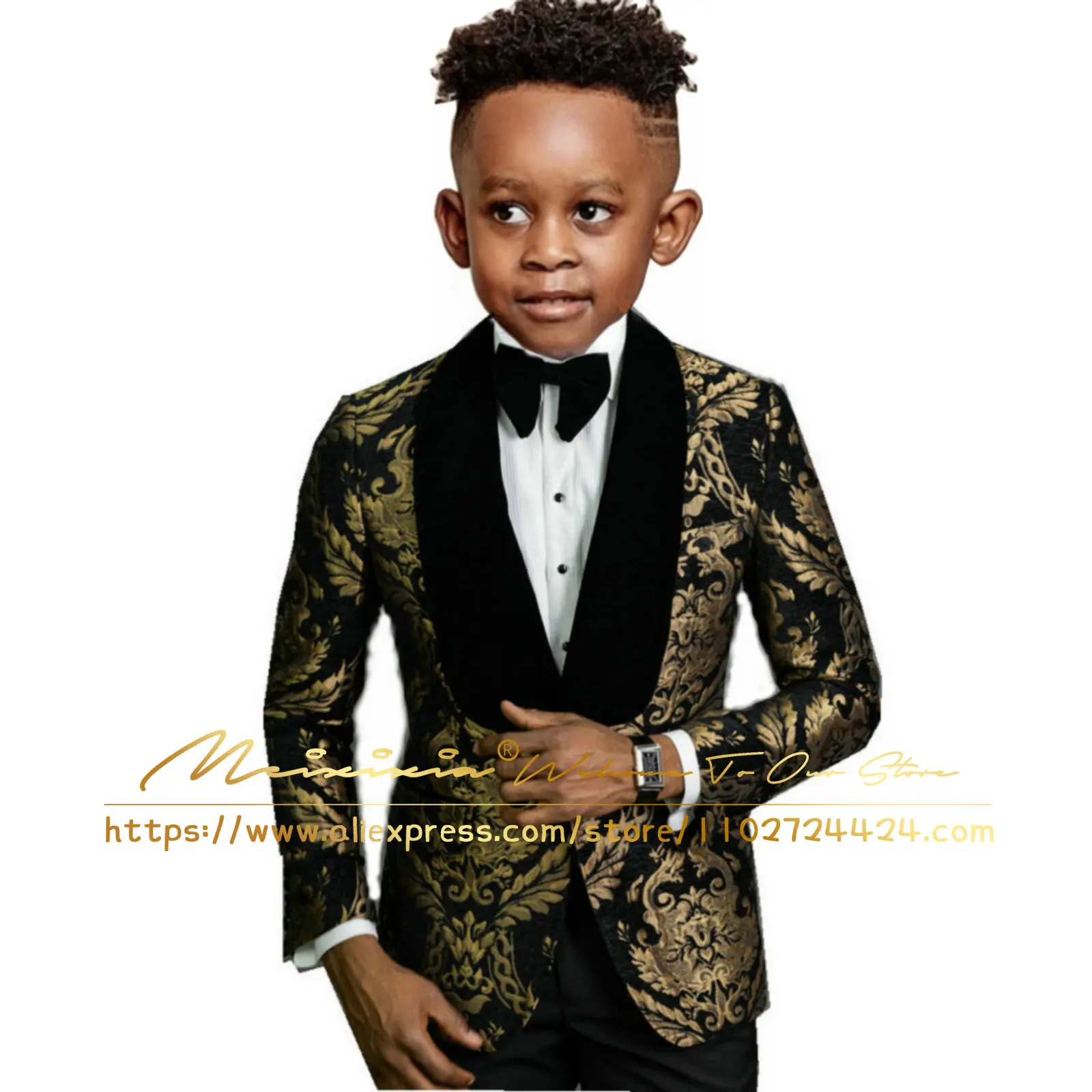 Boy's Suits 2 Pieces Black Gold Floral Printed Wedding Suits For Kid Shawl Lapel (Jacket+Pants) Children Formal Party Prom Wear