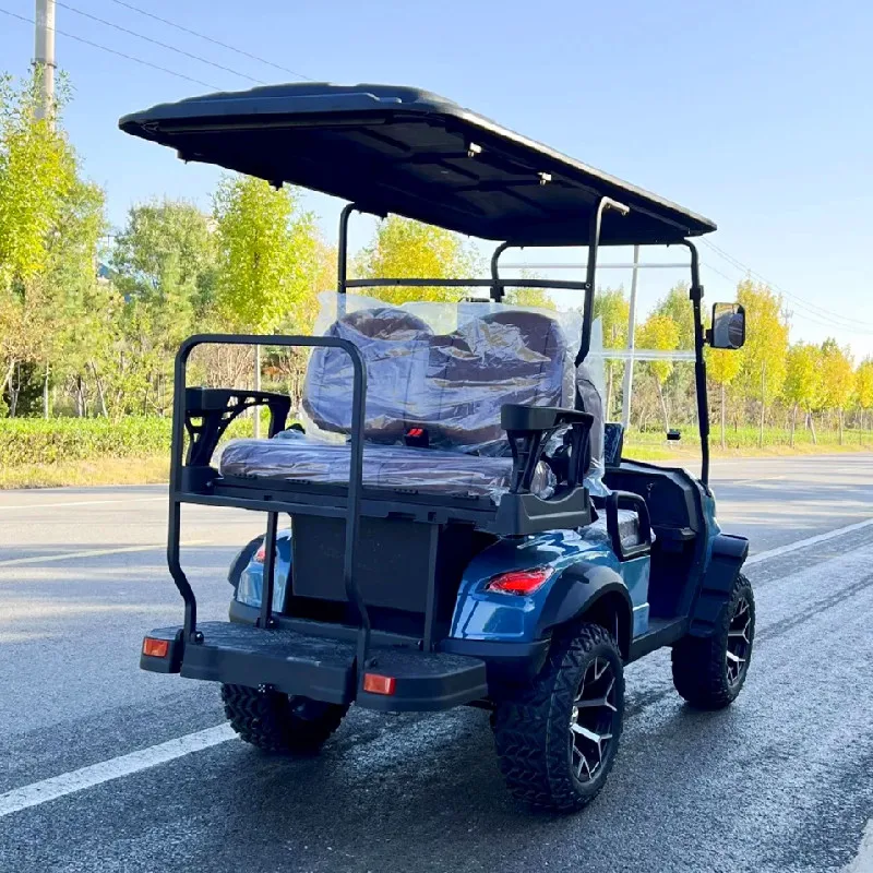 Caddie de golf tout-terrain personnalisé avec support de sac de golf, 4 roues, frein à disque, écran de 14 pouces, châssis haut, voiture de club 4 places