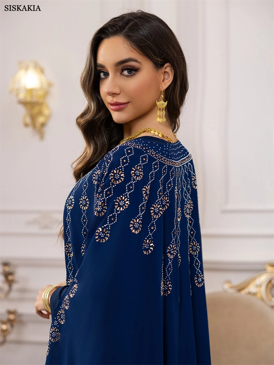 Siskakia muçulmano strass decorado abaya capa batwing manga kaftan dubai malha conjunto de duas peças vestido miçangas 2025