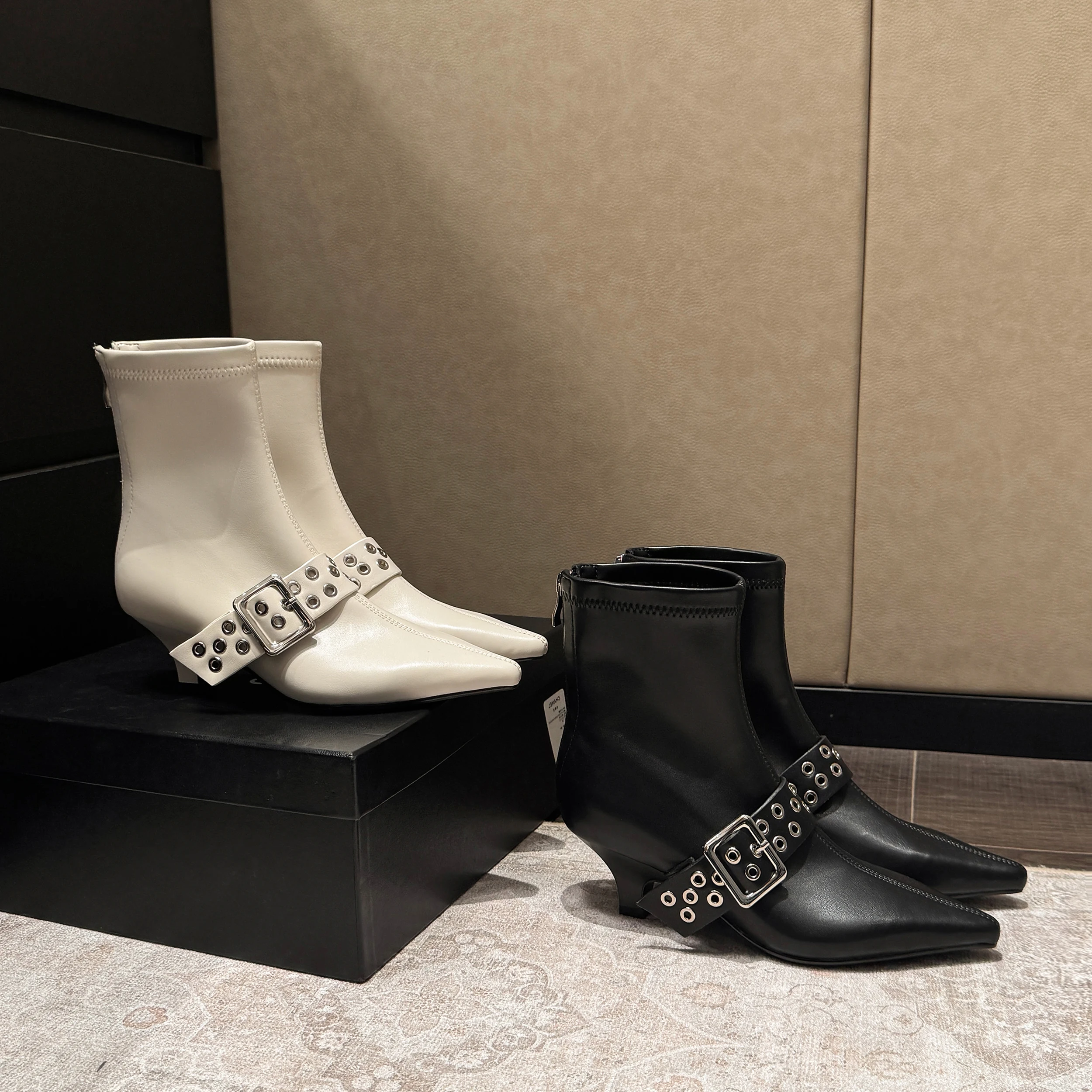 2026 Winter Women Ankle Boots Sexy Autumn Pointed Toe High Heels Faux Leather Casual Black Shoes Studs Buckle Belt Size 34-42