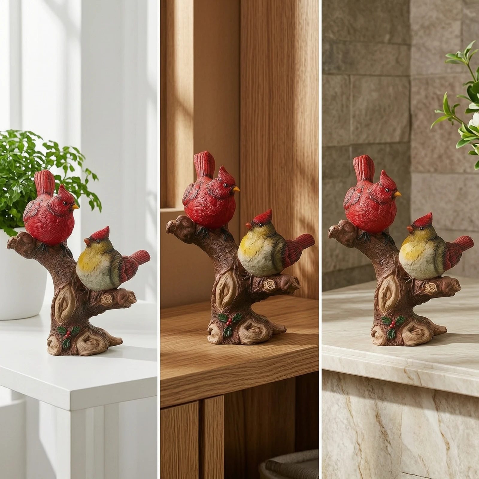 Tree-Stump Bird Statue Carved-Look Resin Bird Decor Textured Wood-Grain