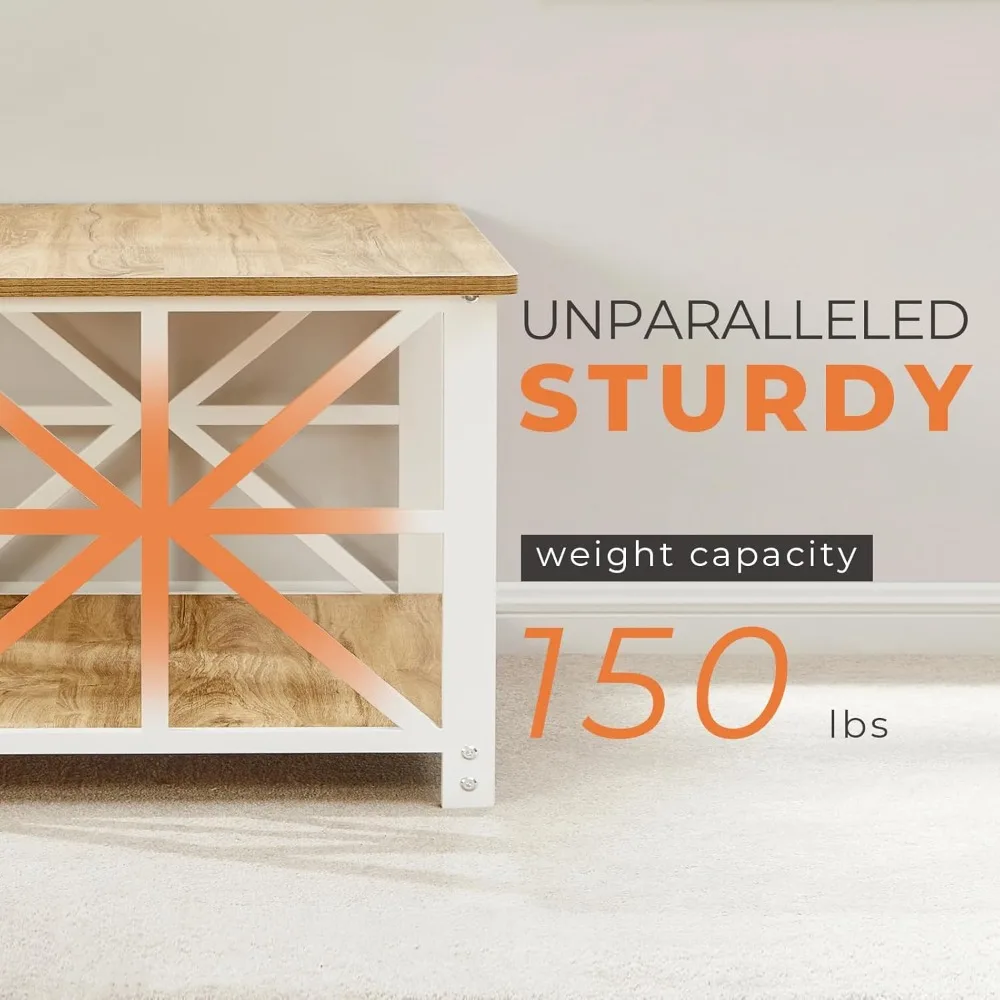 Farmhouse-Style GreenForest Coffee Table with Rounded Edges and Dual-Tier Storage Shelf, X-Frame Living Room Centerpiece, 39 Inc