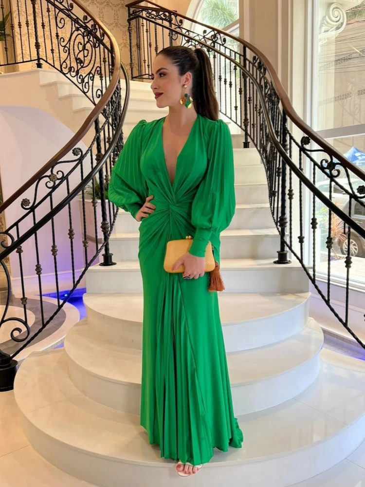 Sexy Deep V Neck Pleat Long Sleeves Maxi Dress Women Green Lantern Sleeve Folds Long Dresses Elegant Evening Party Runway Gowns