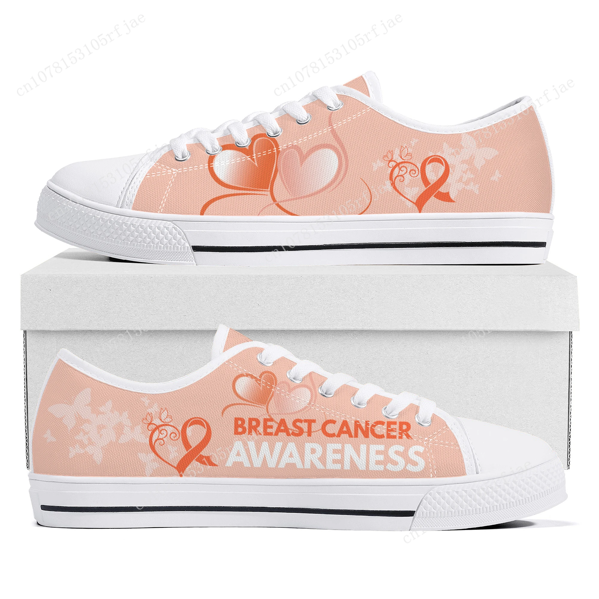 

Breast Cancer Awareness Pink Ribbon Design Low Top Sneakers Womens Mens High Quality Canvas Sneaker Couple Custom Built Shoes