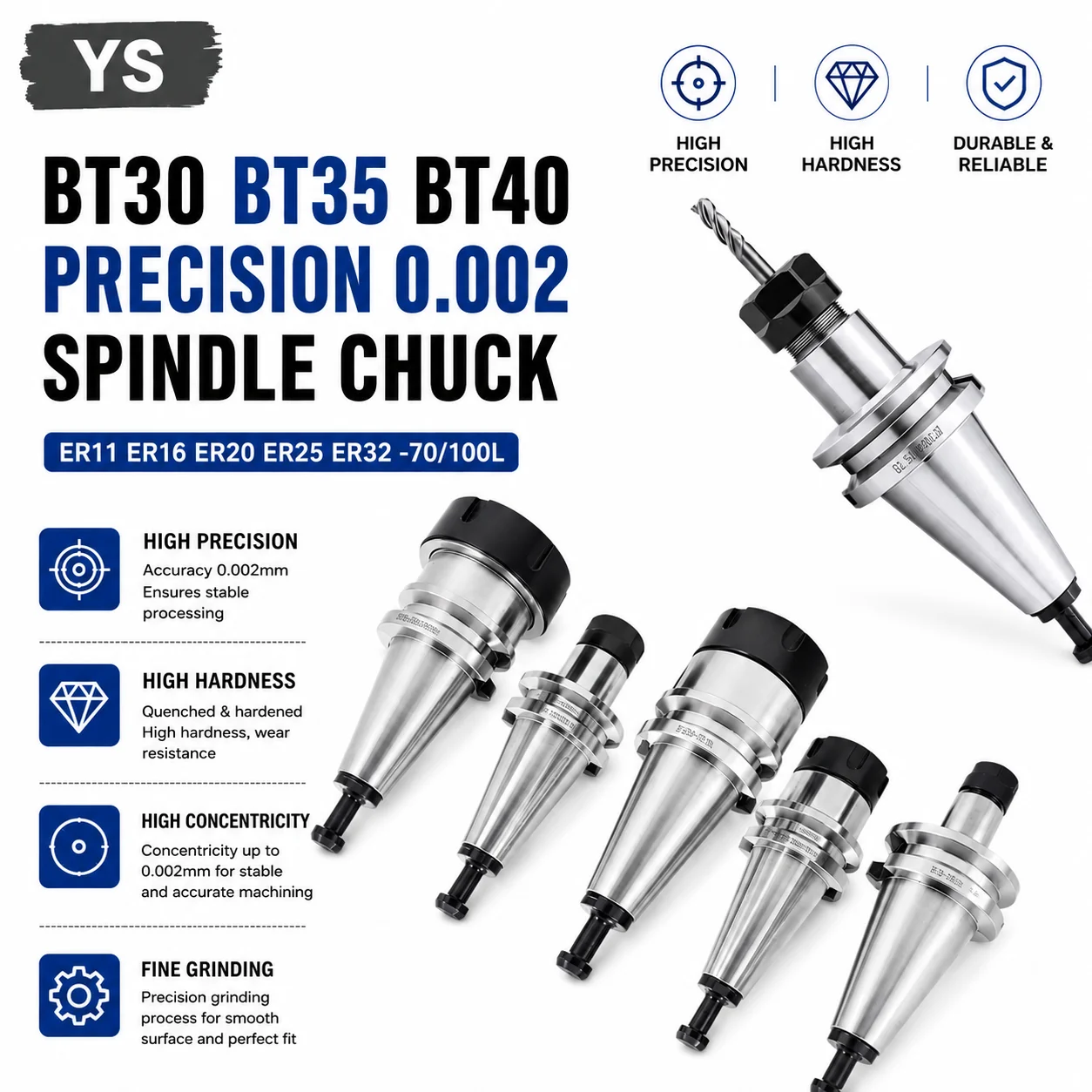 

Accuracy 0.002 BT30/BT35/BT40 ER Collet Spindle Tool Holders ER11 ER16 ER20 ER25 ER32 Suitable for Machining Tools on CNC Lathes