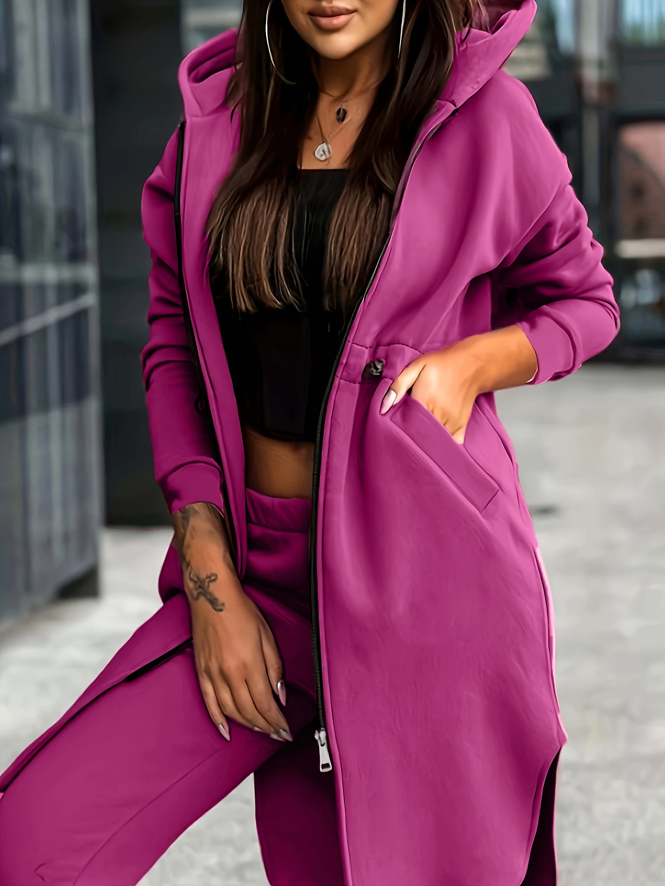 

Plus size long sleeve solid color casual outing date hooded long sleeve long pants ladies two-piece suit set