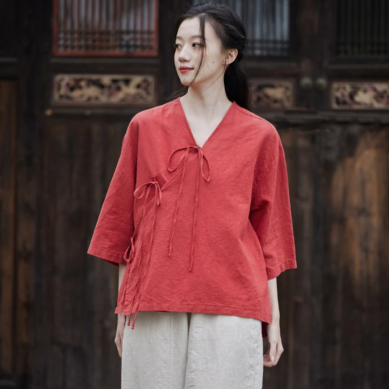 女性用リネンとコットンのカジュアルシャツ,Vネック,無地,ルーズフィット,中国製,新品,夏,2019, m601