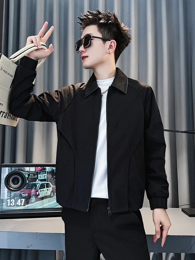 

Trendy PU Leather Jaet Men's Faion Patchwork Haome Sle Spring Autumn Top Selling Point: Stand Collar Zipper Closure