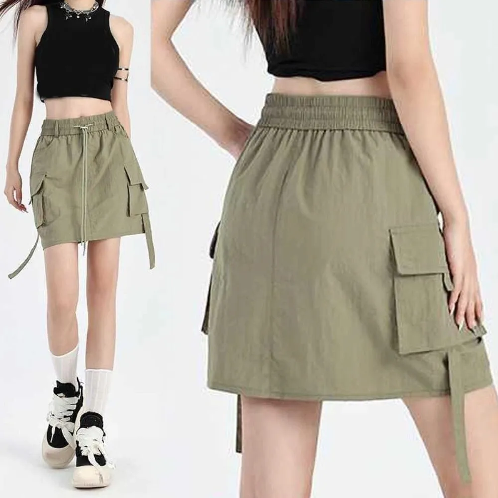 

Solid Color Loose High Waist Skirt Drawstring Large Pocket Causal Skirts Women Spicy Girl Style Lace Up Cargo Skirts Streetwear