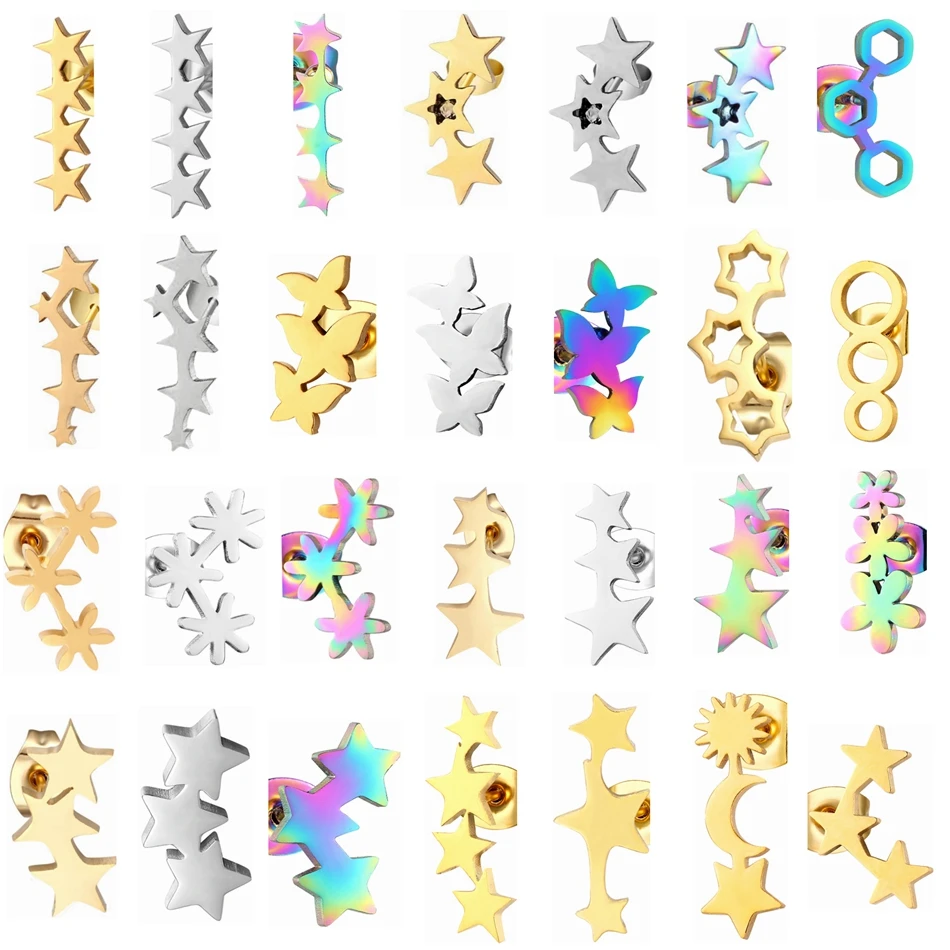 12 Pairs Pack Fashion Long Stud Earrings Set Girl Women Stars Butterfly Stainless Steel Ear Piercing Jewelry Wholesale Gift