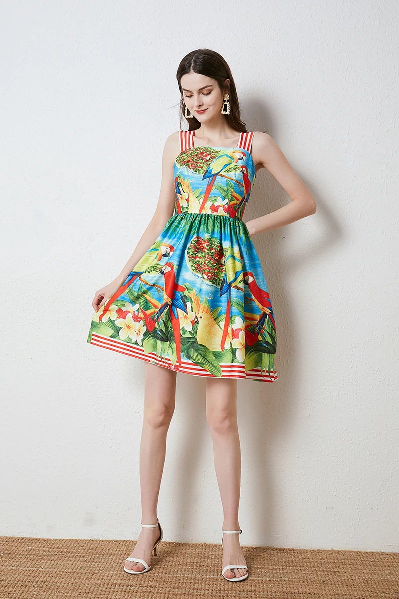 Sweet Girls Cartoon Birds Floral Printed Summer Dress 2023 Women's Sleeveless Slash Neck High Waist Holiday Short Vest Vestidos