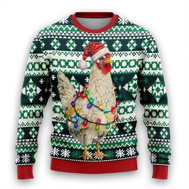 Sweat-shirt de noël moche en forme de poulet pour femmes, vêtements amusants avec graphique de coq, pulls unisexes décontractés, hauts à manches longues