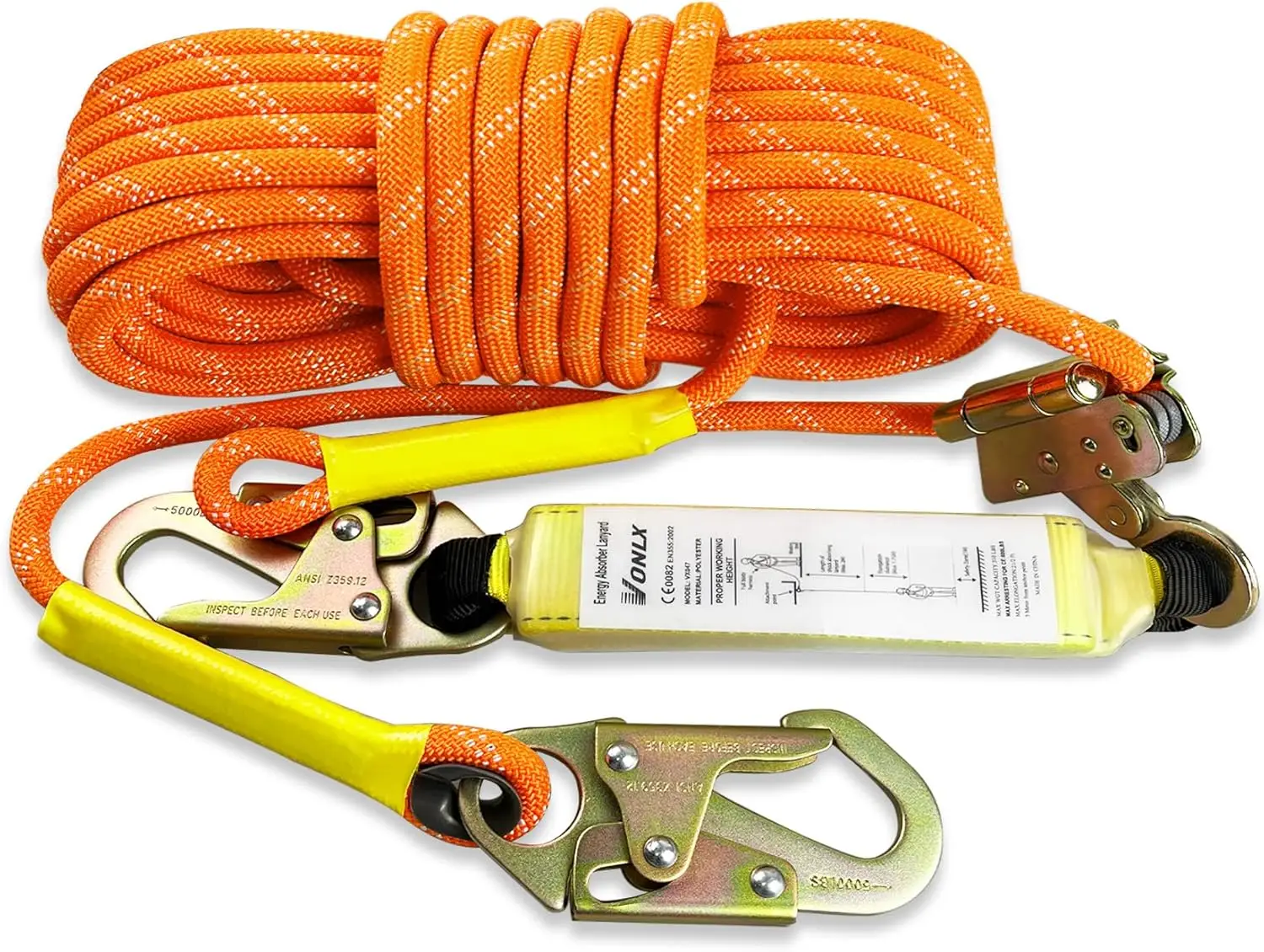 

50FT Heavy Duty Fall Protection Rope with Steel Snap Hooks and Shock Absorber for Roofing and Tree Climbing Safety