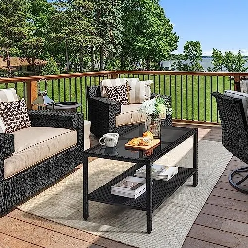Outdoor Wicker Coffee Side Table with Tempered Glass Top, Black | All-Weather Rattan Patio Storage Furniture for Garden