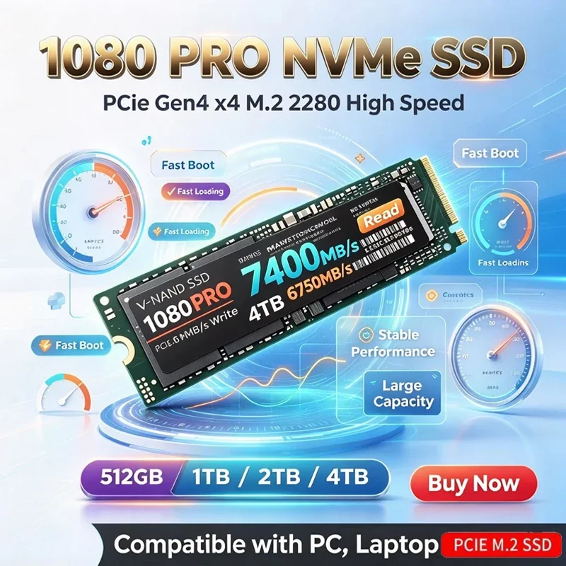 original 1080PRO PCIe 4.0 NVMe M.2 2280 SSD Fast Data Transfer Up to 7300MB/s for PC Productivity,with 1TB, 2TB, and 4TB Options
