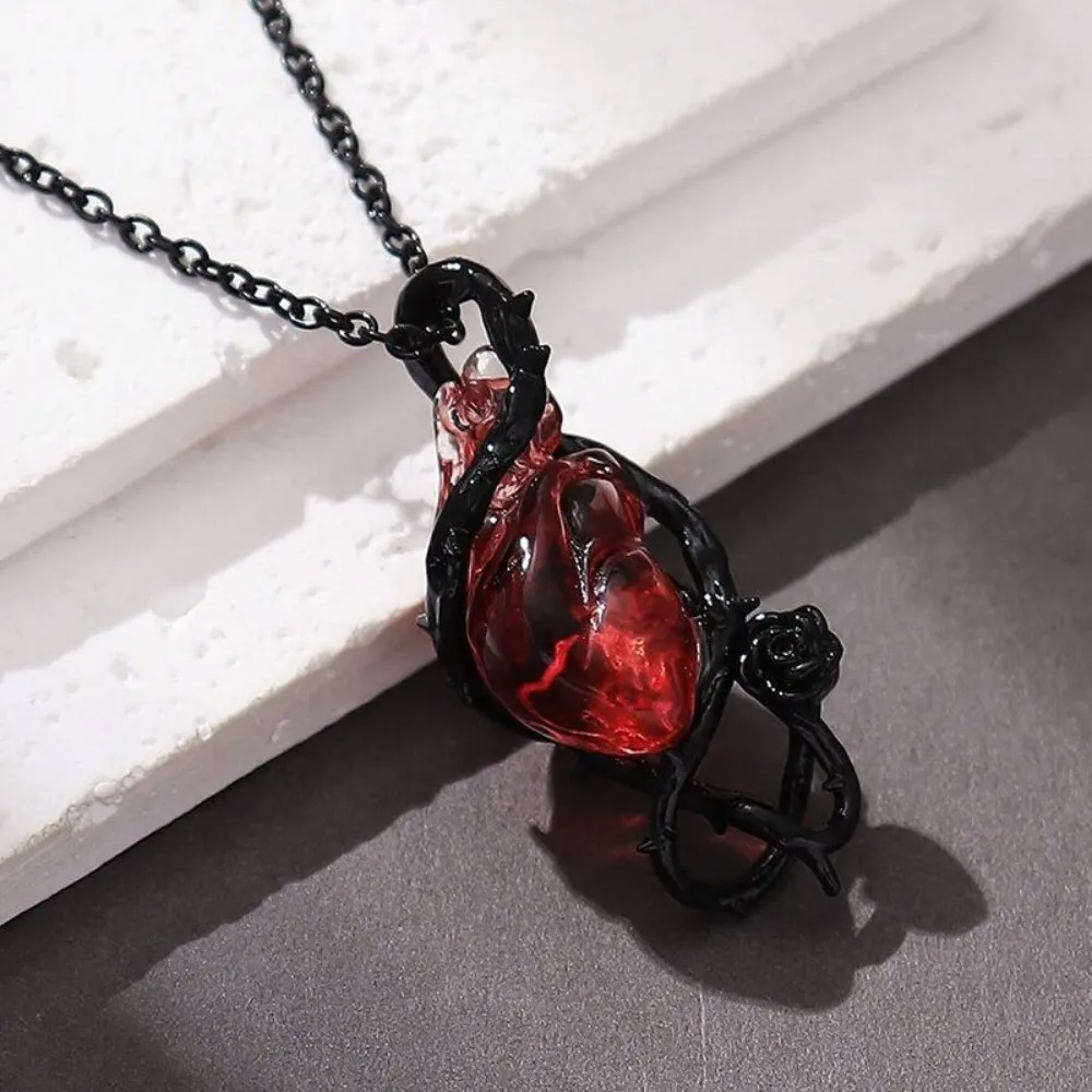 Stainless Steel Heart Pendant Necklace Openable Coffin Dark Red Crystal Skull Choker Punk Skull Thorn Vine Flower